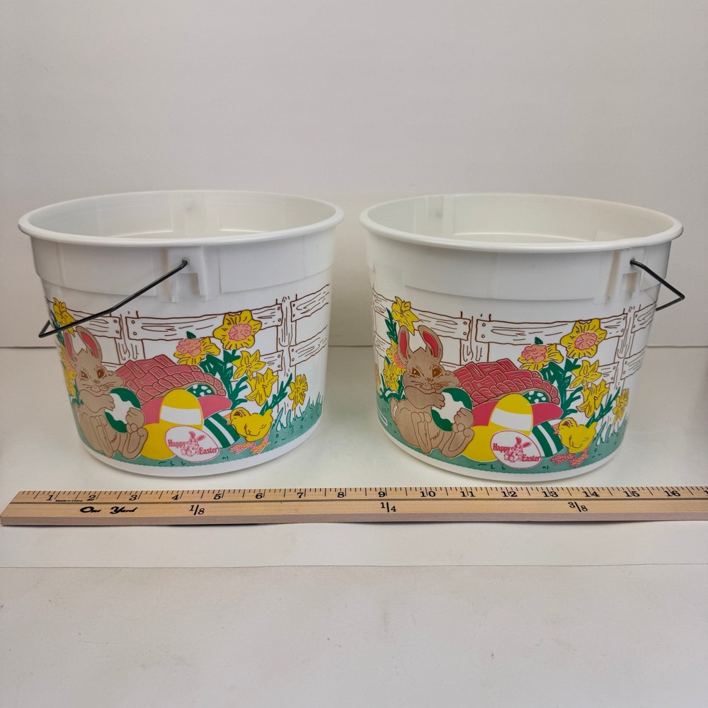 2 Vtg Round Plastic Happy Easter Basket Ice Cream Bucket Myrle's Original No Lid